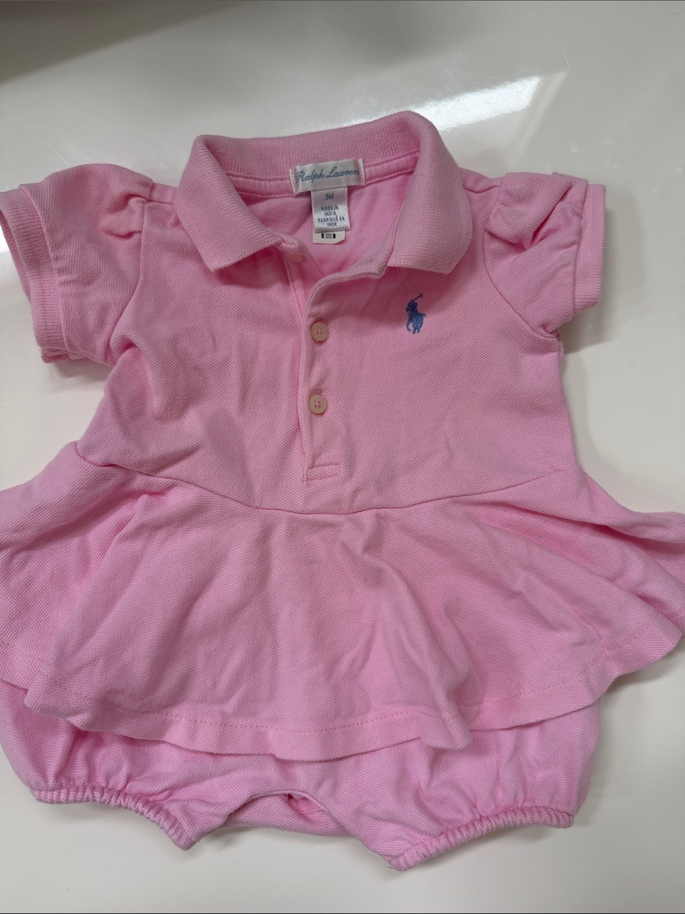 Ralph Lauren Pink Polo Bubble Romper with Blue Pony